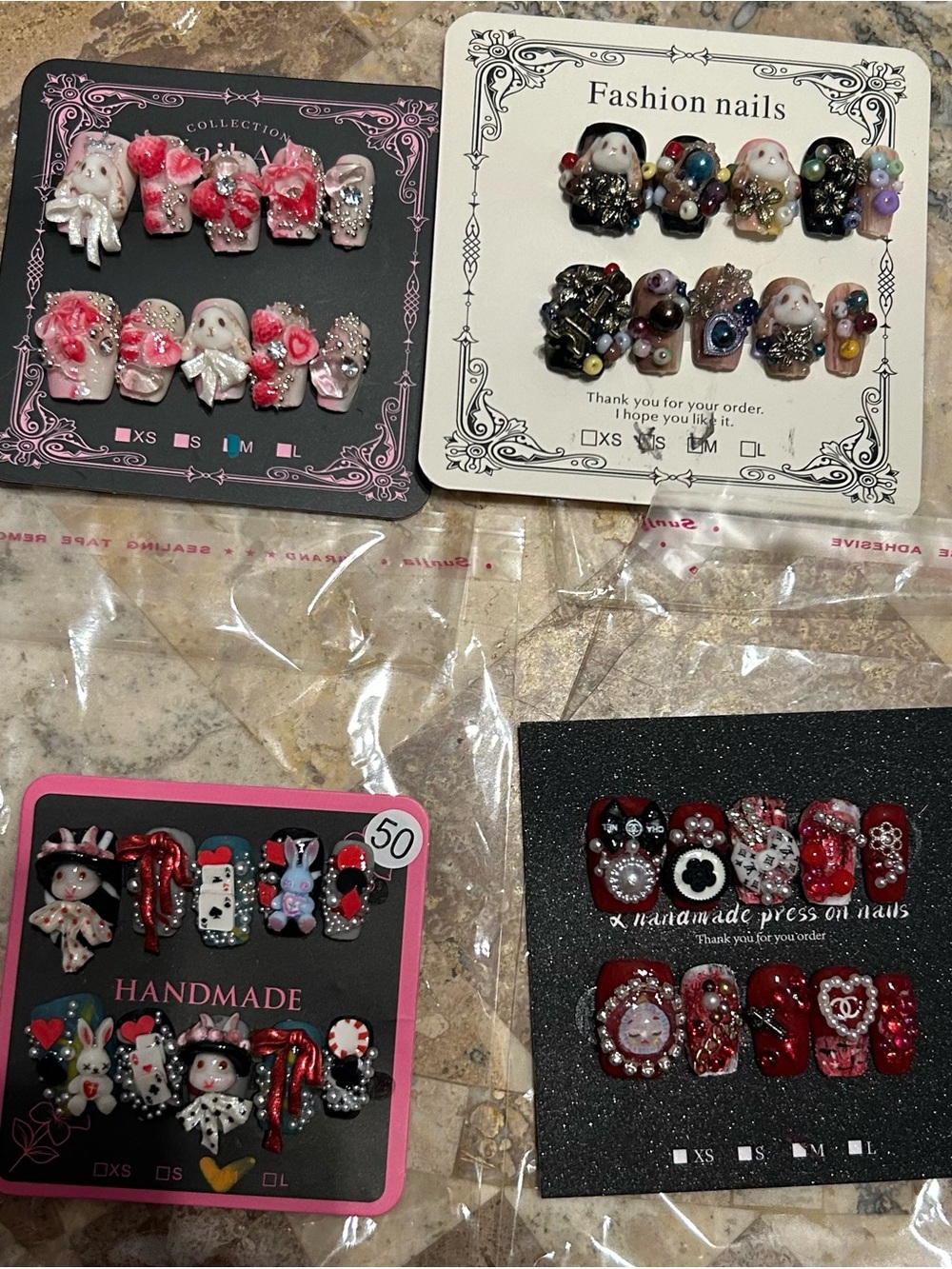 Handmade  Decorative Press-On Nails - Red, Pink, Black, White take all 4
